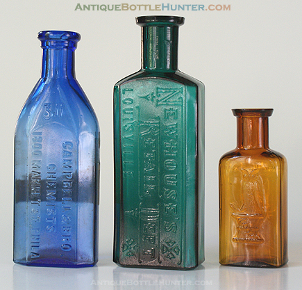 A light blue CAMPBELL & BRO. / CHEMISTS / 1800 MARKET ST. PHILA., a teal NEWHOUSE'S / RETAIL DEPT. / LOUISVILLE and a light amber OWL DRUG CO. (4 7/8 in., 5 1/8 in., and 3 1/4 in.) --- Antiquebottlehunter.com