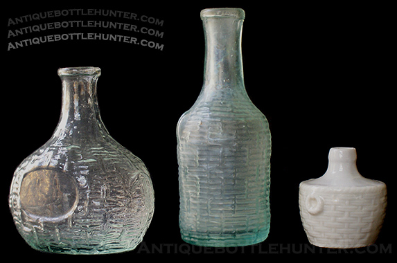 A couple of wicker embossed demijohn shaped colognes and a porcelain go-with. --- AntiqueBottleHunter.com