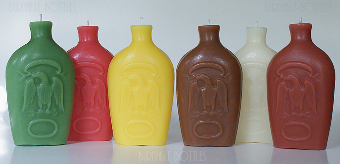 A group of 1/2 pint double eagle flasks candles --- Burnable Bottles - AntiqueBottleHunter.com