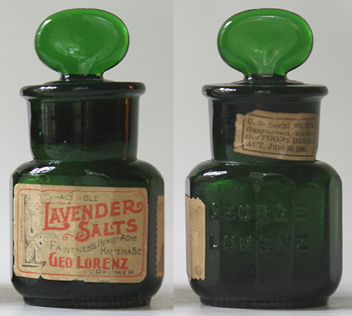 A yellow green 12 sided salts embossed GEORGE / LORENZ. It has three labels. The first reads: Inexhaustible Lavender Salts for Faintness Head-Ache Hysteria & O. George Lorenz Perfumer. Stamp like label states: George Lorenz Paris 1900 Highest Award at Five World's Fairs. Neck label: U.S. Serial No. 2679. Guarenteed under the Food & Drugs ACT, June 30, 1906. It still contains most of it's contents. Height w/out stopper, 2 - 1/2 in. Width, 1 - 3/4 in. --- AntiqueBottleHunter.com