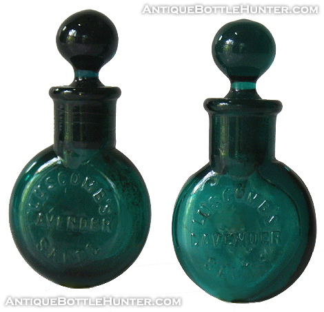 A pair of LUSCOMB'S LAVENDER SALTS...  a darker and a lighter teal green variant. --- AntiqueBottleHunter.com