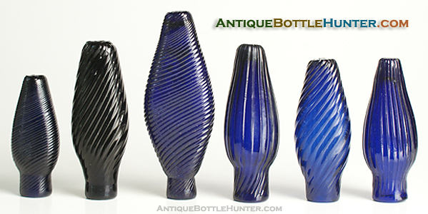 A run of blue pattern molded smelling bottles --- AntiqueBottleHunter.com