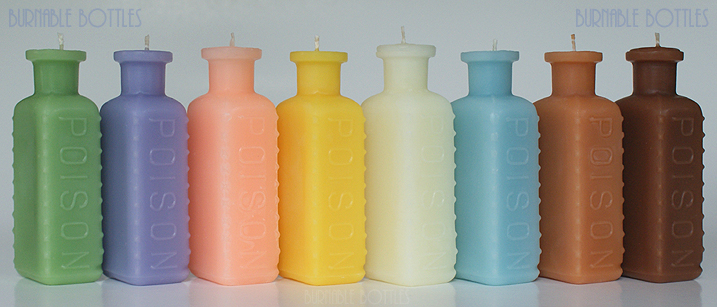 A group of KR-9 rectangular poison bottle candles --- Burnable Bottles - AntiqueBottleHunter.com