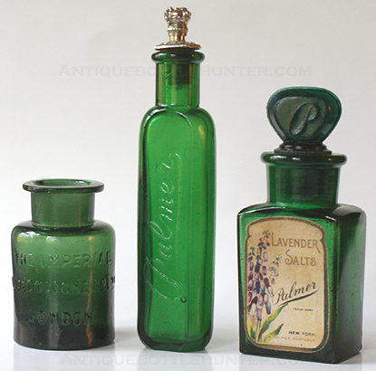 A dark rich green THE IMPERIAL / EAU DE COLOGNE Co Ltd / LONDON with ground throat and base embossed with a fancy R.K. Next, not a salts bottle, but included in the picture for company comparison... PALMER embossed and crown lid: SOLON PALMER N.Y. Far right... a green 'Lavender Salts' embossed PALMER on one side and full label on the other as shown. --- AntiqueBottleHunter.com