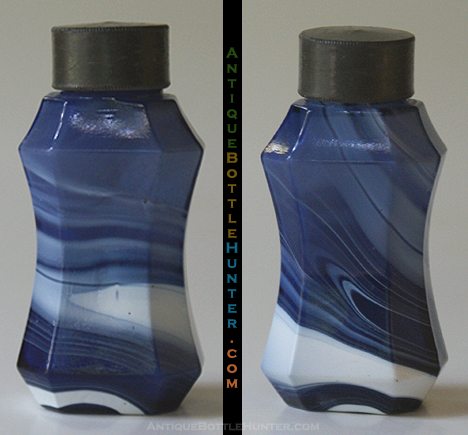 Marbleized blue and white, waisted octagonal smelling bottle with threaded neck, ground top and metal cap. --- AntiqueBottleHunter.com