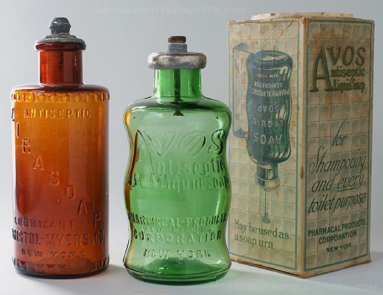 Set of antiseptics, a KC-137 ZIRASOAP and a light green AVOS with box. --- AntiqueBottleHunter.com 