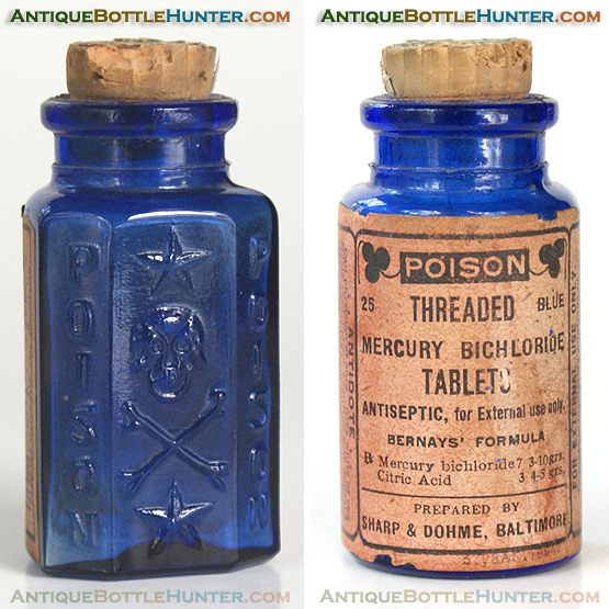 A cobalt blue KU-19 'Smiling Skull' with a label. (2 7/8 in.) --- Antiquebottlehunter.com